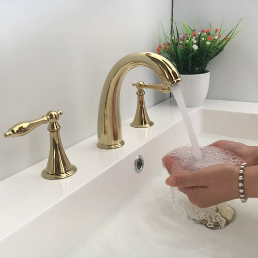Glam Widespread Bathroom Faucet Lever Handles 3 Holes Low Arc Solid Brass Faucet Clearhalo 'Bathroom Remodel & Bathroom Fixtures' 'Bathroom Sink Faucets' 'Bathroom Sinks & Faucet Components' 'bathroom_sink_faucets' 'Home Improvement' 'home_improvement' 'home_improvement_bathroom_sink_faucets' 6438547