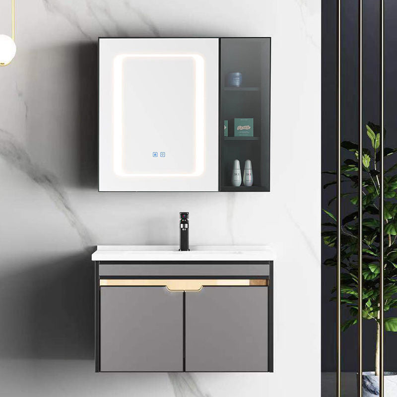 2 Doors Vanity Set Mirror Grey Wall Mount Rectangle Metal Bath Vanity with Single Sink Vanity & Faucet & Fully Sealed Smart Mirror Cabinet Ceramic Clearhalo 'Bathroom Remodel & Bathroom Fixtures' 'Bathroom Vanities' 'bathroom_vanities' 'Home Improvement' 'home_improvement' 'home_improvement_bathroom_vanities' 6438952