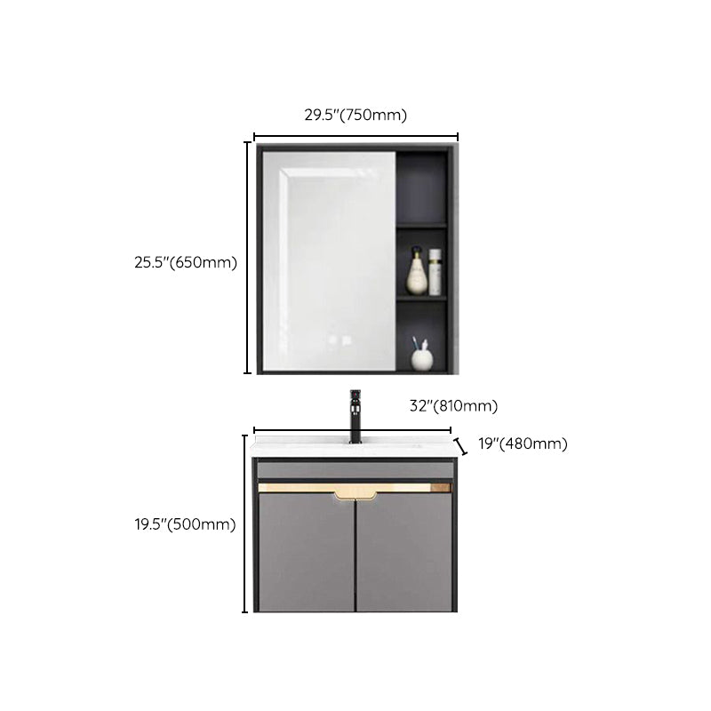 2 Doors Vanity Set Mirror Grey Wall Mount Rectangle Metal Bath Vanity with Single Sink Clearhalo 'Bathroom Remodel & Bathroom Fixtures' 'Bathroom Vanities' 'bathroom_vanities' 'Home Improvement' 'home_improvement' 'home_improvement_bathroom_vanities' 6438988