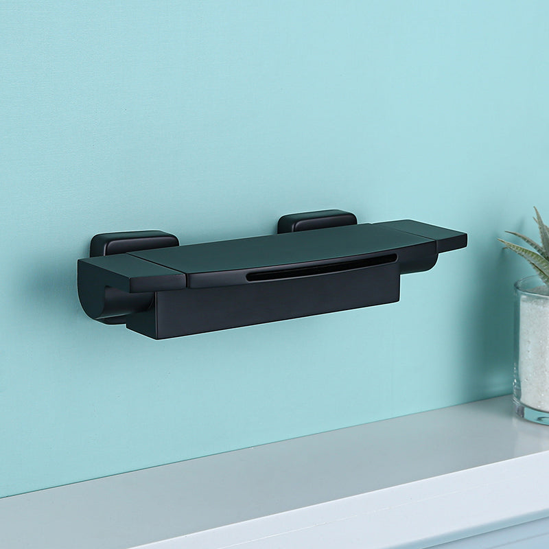 Modern Wall Mounted Copper Tub Filler Low Arc Waterfall Tub Faucet Trim Black Hand Shower Not Included Clearhalo 'Bathroom Remodel & Bathroom Fixtures' 'Bathtub Faucets' 'bathtub_faucets' 'Home Improvement' 'home_improvement' 'home_improvement_bathtub_faucets' 6439005