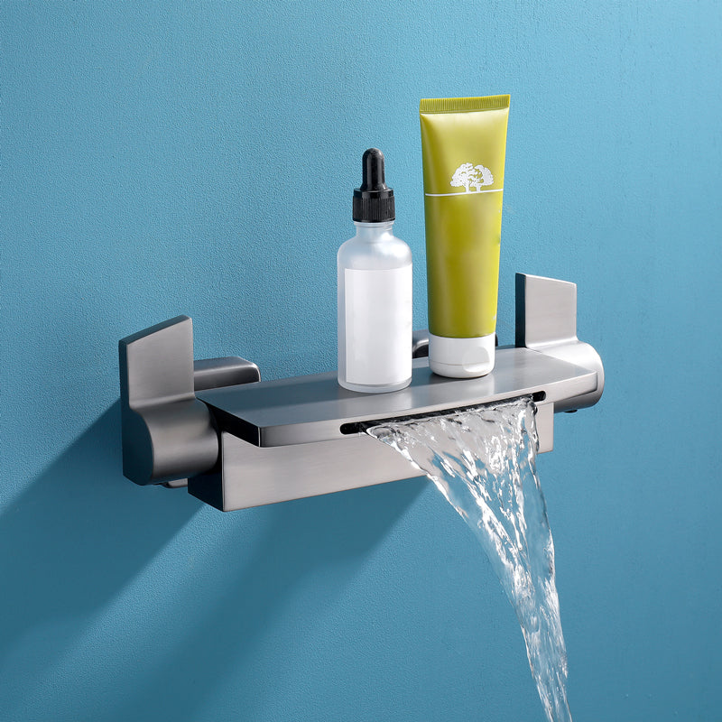 Modern Wall Mounted Copper Tub Filler Low Arc Waterfall Tub Faucet Trim Gun Grey Hand Shower Not Included Clearhalo 'Bathroom Remodel & Bathroom Fixtures' 'Bathtub Faucets' 'bathtub_faucets' 'Home Improvement' 'home_improvement' 'home_improvement_bathtub_faucets' 6439013