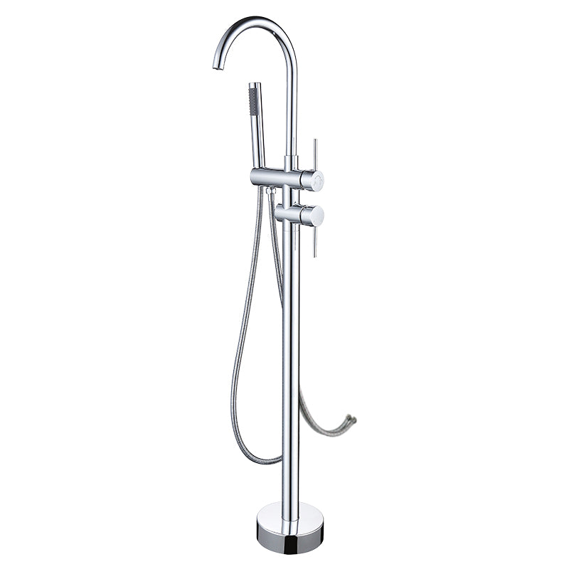 Floor Mounted Metal Freestanding Tub Filler High Arc Freestanding Faucet with Hose Chrome Hand Shower Included Wall Clearhalo 'Bathroom Remodel & Bathroom Fixtures' 'Bathtub Faucets' 'bathtub_faucets' 'Home Improvement' 'home_improvement' 'home_improvement_bathtub_faucets' 6439030