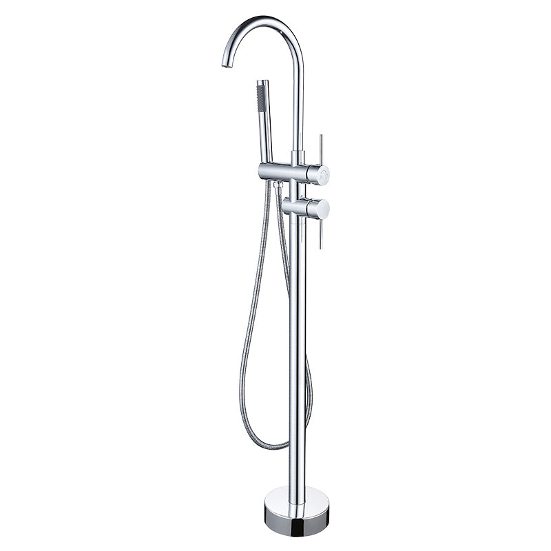 Floor Mounted Metal Freestanding Tub Filler High Arc Freestanding Faucet with Hose Chrome Hand Shower Included Clearhalo 'Bathroom Remodel & Bathroom Fixtures' 'Bathtub Faucets' 'bathtub_faucets' 'Home Improvement' 'home_improvement' 'home_improvement_bathtub_faucets' 6439032