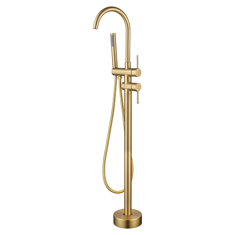 Floor Mounted Metal Freestanding Tub Filler High Arc Freestanding Faucet with Hose Gold Hand Shower Included Clearhalo 'Bathroom Remodel & Bathroom Fixtures' 'Bathtub Faucets' 'bathtub_faucets' 'Home Improvement' 'home_improvement' 'home_improvement_bathtub_faucets' 6439041