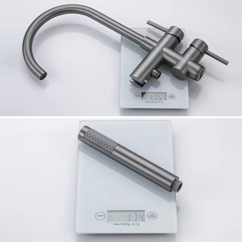 Floor Mounted Metal Freestanding Tub Filler High Arc Freestanding Faucet with Hose Clearhalo 'Bathroom Remodel & Bathroom Fixtures' 'Bathtub Faucets' 'bathtub_faucets' 'Home Improvement' 'home_improvement' 'home_improvement_bathtub_faucets' 6439043