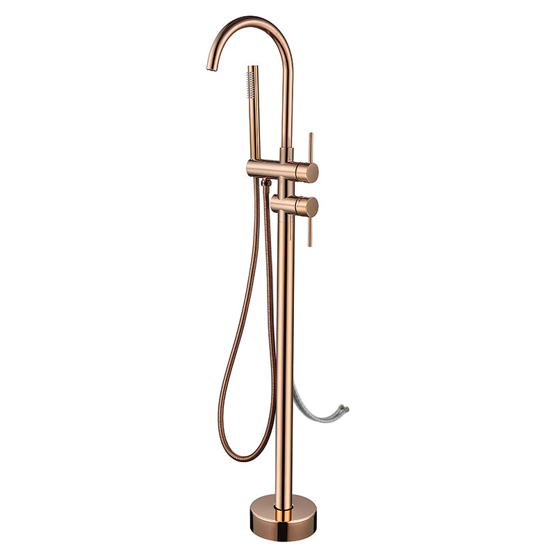 Floor Mounted Metal Freestanding Tub Filler High Arc Freestanding Faucet with Hose Rose Gold Hand Shower Included Wall Clearhalo 'Bathroom Remodel & Bathroom Fixtures' 'Bathtub Faucets' 'bathtub_faucets' 'Home Improvement' 'home_improvement' 'home_improvement_bathtub_faucets' 6439046