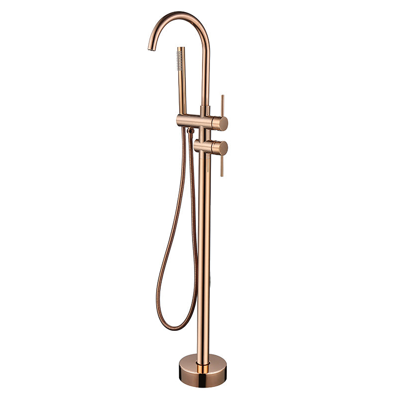 Floor Mounted Metal Freestanding Tub Filler High Arc Freestanding Faucet with Hose Rose Gold Hand Shower Included Clearhalo 'Bathroom Remodel & Bathroom Fixtures' 'Bathtub Faucets' 'bathtub_faucets' 'Home Improvement' 'home_improvement' 'home_improvement_bathtub_faucets' 6439048