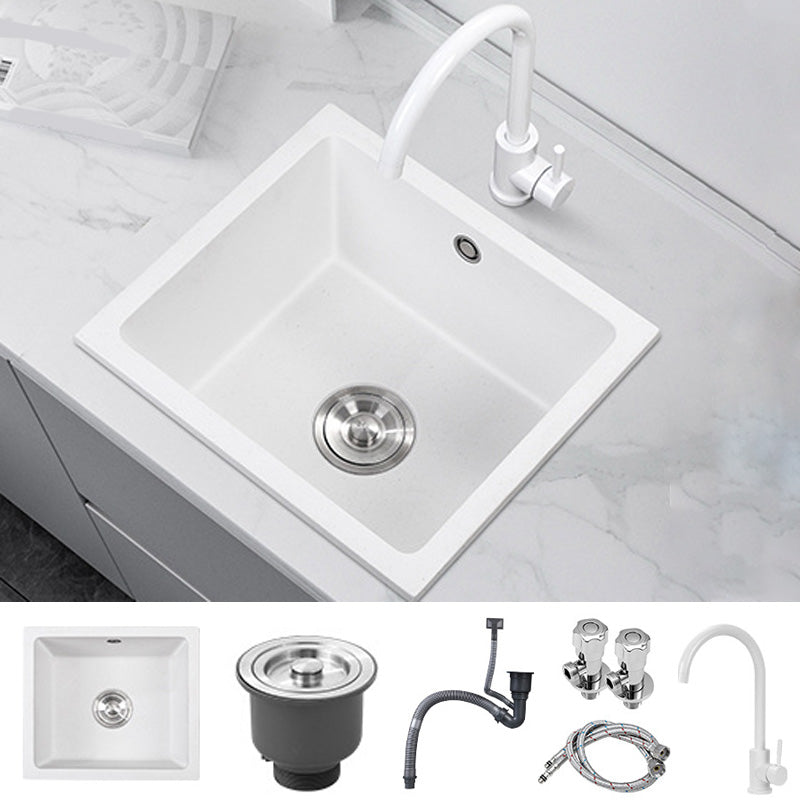 Contemporary White Quartz Kitchen Sink Drop-In 1 Holes Single Bowl Sink Sink with Faucet Round Faucet Clearhalo 'Home Improvement' 'home_improvement' 'home_improvement_kitchen_sinks' 'Kitchen Remodel & Kitchen Fixtures' 'Kitchen Sinks & Faucet Components' 'Kitchen Sinks' 'kitchen_sinks' 6439197