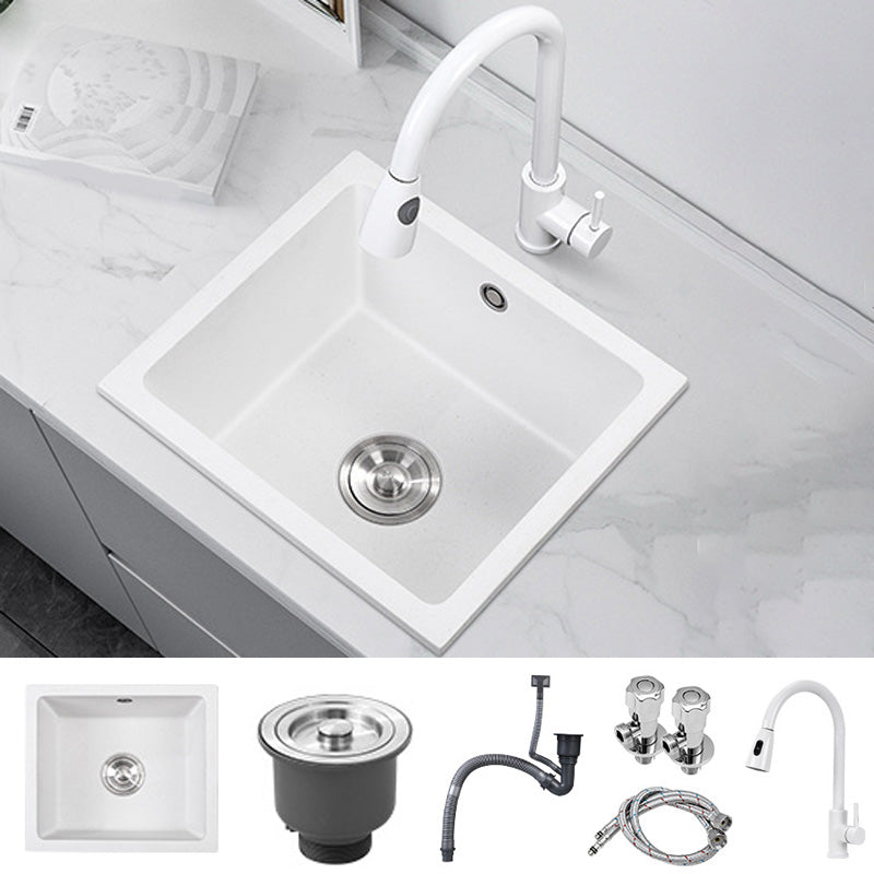 Contemporary White Quartz Kitchen Sink Drop-In 1 Holes Single Bowl Sink Sink with Faucet Gooseneck High Arc Clearhalo 'Home Improvement' 'home_improvement' 'home_improvement_kitchen_sinks' 'Kitchen Remodel & Kitchen Fixtures' 'Kitchen Sinks & Faucet Components' 'Kitchen Sinks' 'kitchen_sinks' 6439201