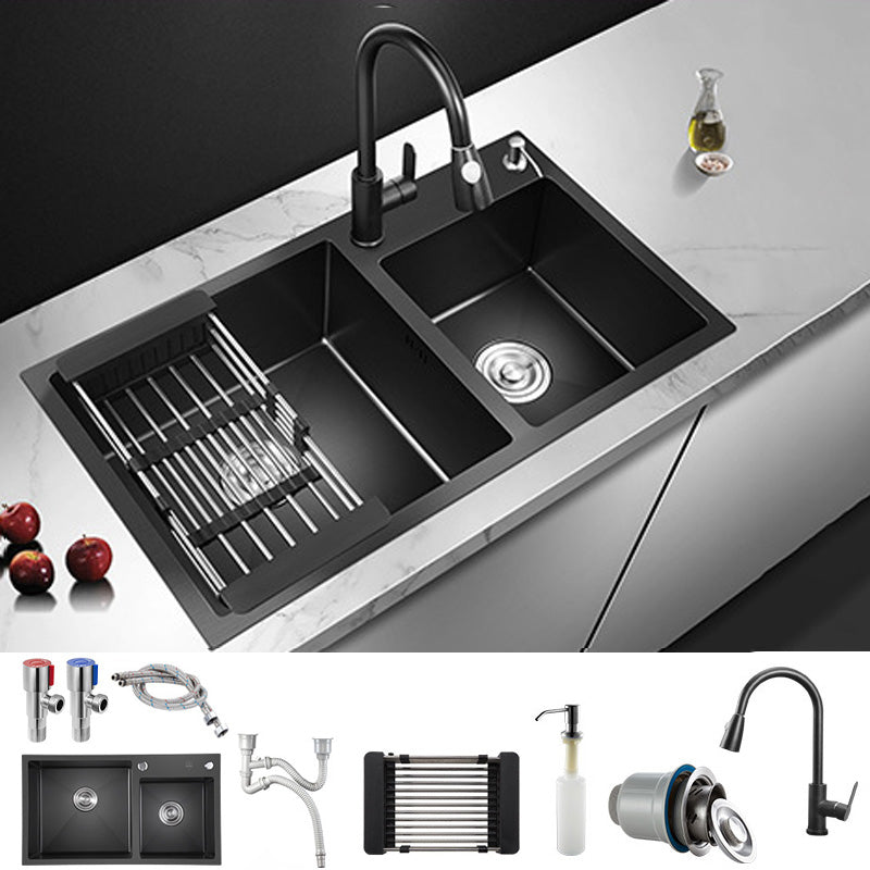 Single Bowl Black Kitchen Sink with Drain Assembly Drop-In Contemporary Sink Sink with Faucet Pull Out Faucet Clearhalo 'Home Improvement' 'home_improvement' 'home_improvement_kitchen_sinks' 'Kitchen Remodel & Kitchen Fixtures' 'Kitchen Sinks & Faucet Components' 'Kitchen Sinks' 'kitchen_sinks' 6439251
