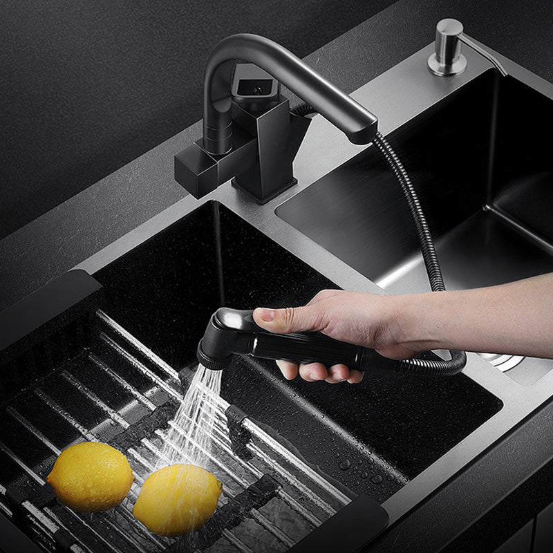 Single Bowl Black Kitchen Sink with Drain Assembly Drop-In Contemporary Sink Clearhalo 'Home Improvement' 'home_improvement' 'home_improvement_kitchen_sinks' 'Kitchen Remodel & Kitchen Fixtures' 'Kitchen Sinks & Faucet Components' 'Kitchen Sinks' 'kitchen_sinks' 6439256