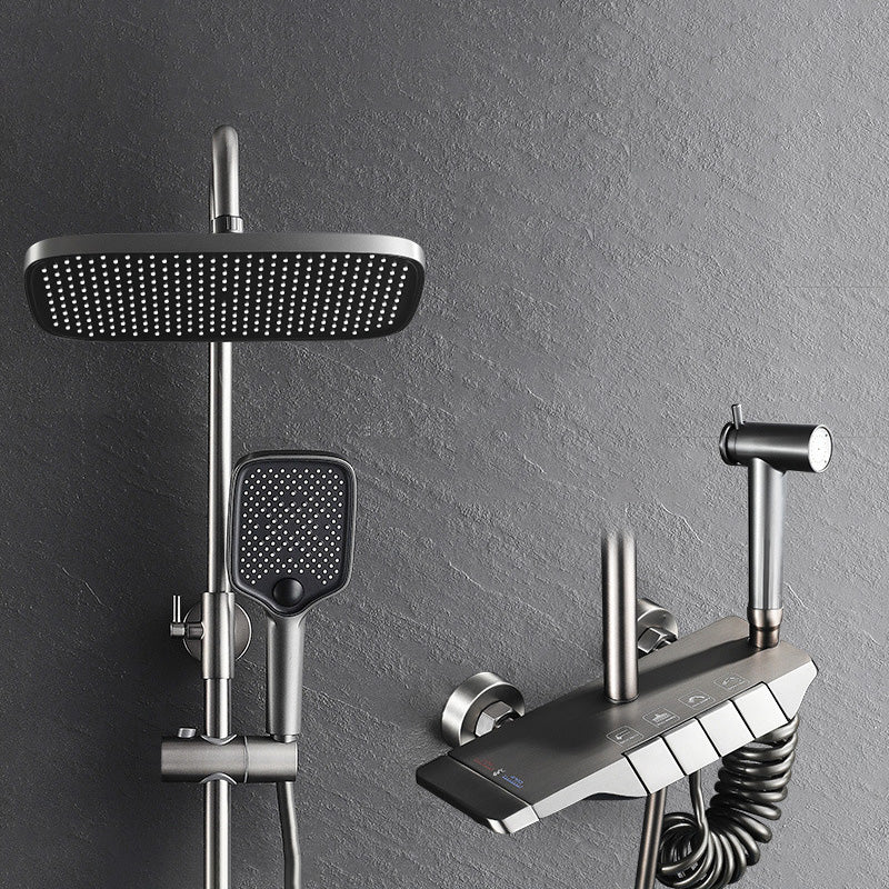 Wall Mounted Shower System Metal Shower Faucet Adjustable Arm Shower System with Slide Bar Gun Grey Thermostatic Digital Display Not Included Clearhalo 'Bathroom Remodel & Bathroom Fixtures' 'Home Improvement' 'home_improvement' 'home_improvement_shower_faucets' 'Shower Faucets & Systems' 'shower_faucets' 'Showers & Bathtubs Plumbing' 'Showers & Bathtubs' 6439871