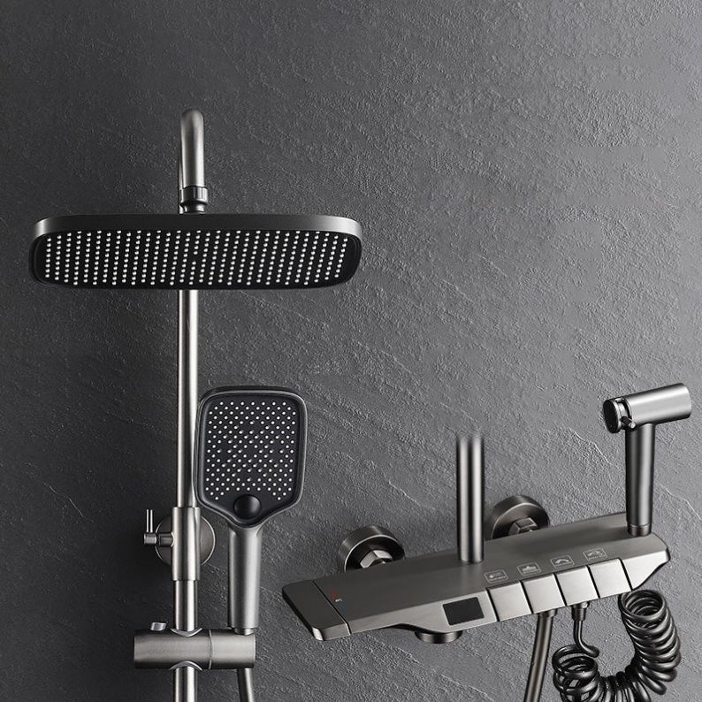 Wall Mounted Shower System Metal Shower Faucet Adjustable Arm Shower System with Slide Bar Gun Grey Thermostatic Digital Display Included Clearhalo 'Bathroom Remodel & Bathroom Fixtures' 'Home Improvement' 'home_improvement' 'home_improvement_shower_faucets' 'Shower Faucets & Systems' 'shower_faucets' 'Showers & Bathtubs Plumbing' 'Showers & Bathtubs' 6439875