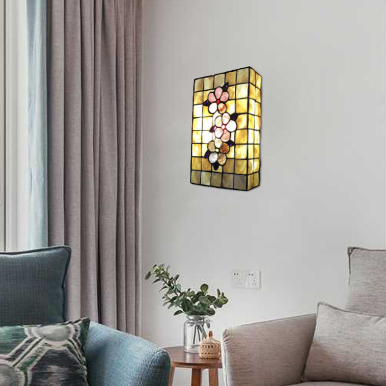 Rectangular Wall Lighting with Shell Shade 2 Bulbs Tiffany Wall Mounted Lighting in Beige Beige Flower Clearhalo 'Industrial' 'Middle century wall lights' 'Tiffany wall lights' 'Tiffany' 'Wall Lamps & Sconces' 'Wall Lights' Lighting' 64537