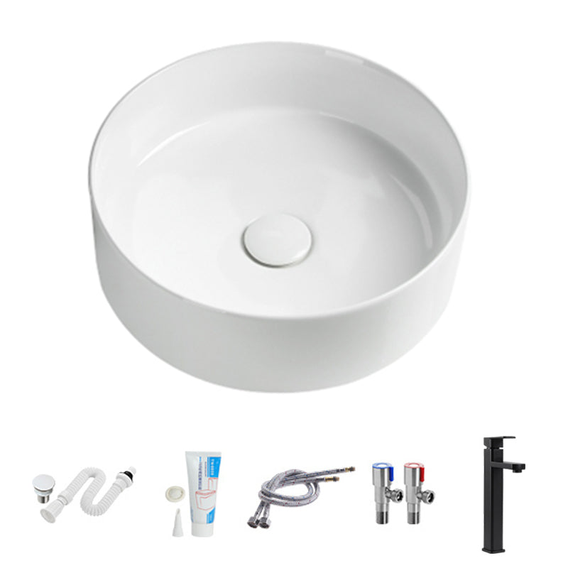 Modern Vessel Sink Round Porcelain Drain Assembly and Faucet Vessel Lavatory Sink Square Faucet Sink with Faucet Clearhalo 'Bathroom Remodel & Bathroom Fixtures' 'Bathroom Sinks & Faucet Components' 'Bathroom Sinks' 'bathroom_sink' 'Home Improvement' 'home_improvement' 'home_improvement_bathroom_sink' 6456504
