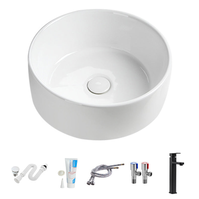 Modern Vessel Sink Round Porcelain Drain Assembly and Faucet Vessel Lavatory Sink 16"L x 16"W x 6"H Square Faucet Sink with Faucet Clearhalo 'Bathroom Remodel & Bathroom Fixtures' 'Bathroom Sinks & Faucet Components' 'Bathroom Sinks' 'bathroom_sink' 'Home Improvement' 'home_improvement' 'home_improvement_bathroom_sink' 6456505
