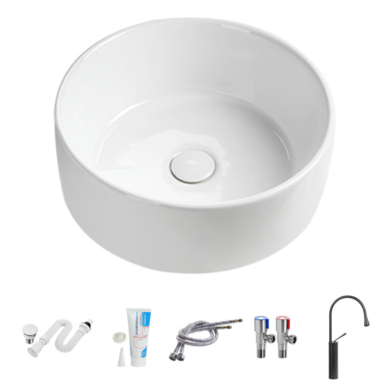 Modern Vessel Sink Round Porcelain Drain Assembly and Faucet Vessel Lavatory Sink 16"L x 16"W x 6"H Gooseneck Faucet Sink with Faucet Clearhalo 'Bathroom Remodel & Bathroom Fixtures' 'Bathroom Sinks & Faucet Components' 'Bathroom Sinks' 'bathroom_sink' 'Home Improvement' 'home_improvement' 'home_improvement_bathroom_sink' 6456509