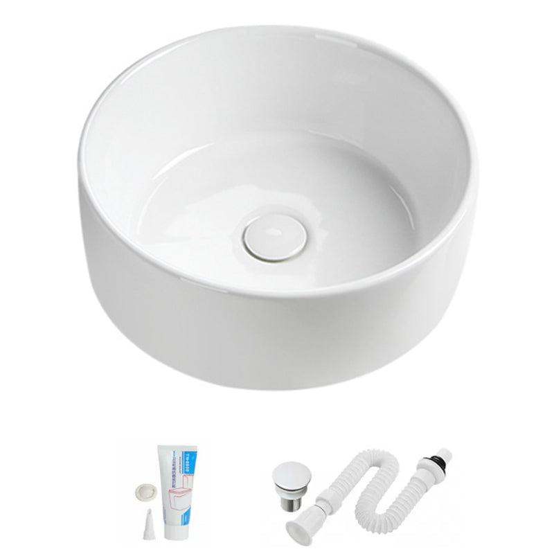 Modern Vessel Sink Round Porcelain Drain Assembly and Faucet Vessel Lavatory Sink 16"L x 16"W x 6"H None Sink Clearhalo 'Bathroom Remodel & Bathroom Fixtures' 'Bathroom Sinks & Faucet Components' 'Bathroom Sinks' 'bathroom_sink' 'Home Improvement' 'home_improvement' 'home_improvement_bathroom_sink' 6456513