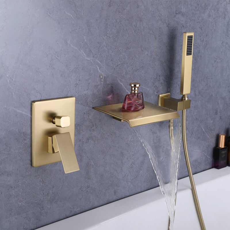 Contemporary Bathroom Faucet Wall Mounted Bathroom Faucet with Handheld Shower Gold Clearhalo 'Bathroom Remodel & Bathroom Fixtures' 'Bathtub Faucets' 'bathtub_faucets' 'Home Improvement' 'home_improvement' 'home_improvement_bathtub_faucets' 6456571