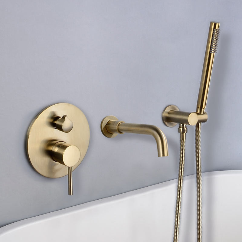 Cold and Hot Wall Mounted Bathtub Faucet Gold Finish Tub Faucet with Shower Head Clearhalo 'Bathroom Remodel & Bathroom Fixtures' 'Bathtub Faucets' 'bathtub_faucets' 'Home Improvement' 'home_improvement' 'home_improvement_bathtub_faucets' 6456600