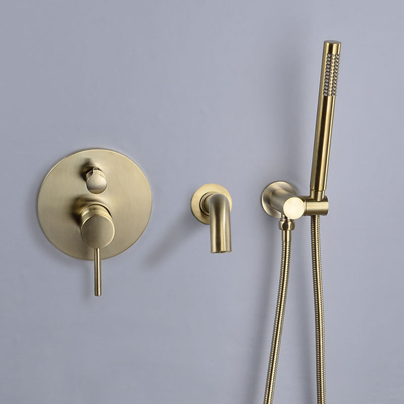Cold and Hot Wall Mounted Bathtub Faucet Gold Finish Tub Faucet with Shower Head Clearhalo 'Bathroom Remodel & Bathroom Fixtures' 'Bathtub Faucets' 'bathtub_faucets' 'Home Improvement' 'home_improvement' 'home_improvement_bathtub_faucets' 6456601