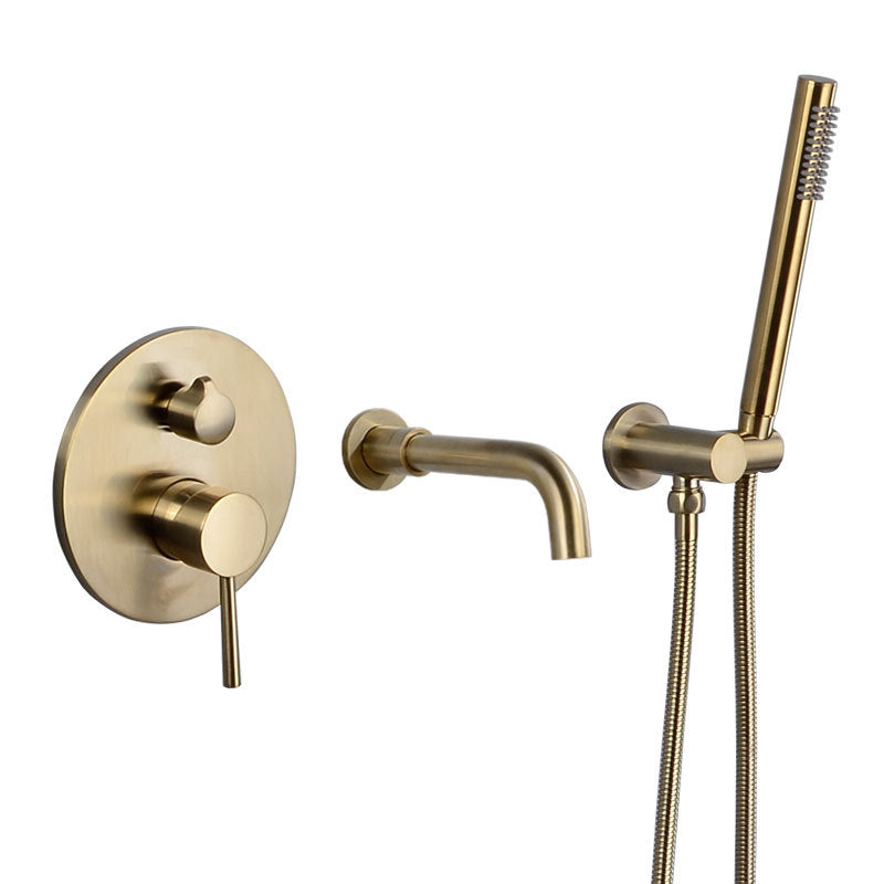 Cold and Hot Wall Mounted Bathtub Faucet Gold Finish Tub Faucet with Shower Head Gold Clearhalo 'Bathroom Remodel & Bathroom Fixtures' 'Bathtub Faucets' 'bathtub_faucets' 'Home Improvement' 'home_improvement' 'home_improvement_bathtub_faucets' 6456604