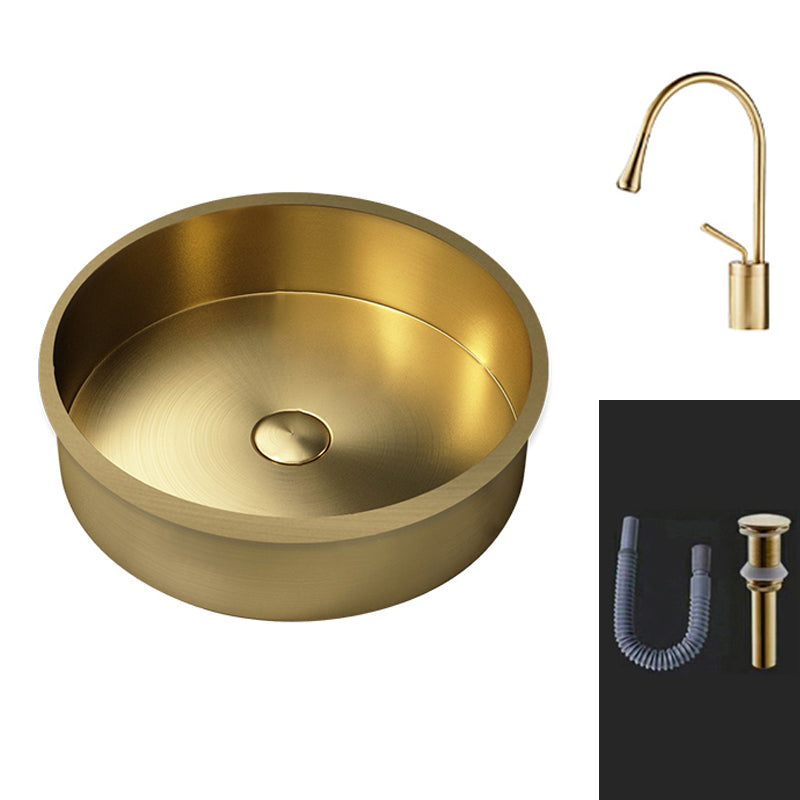 Round Bathroom Sink Modern Undermount Bathroom Sink with Faucet Gold Gooseneck High Arc Sink with Faucet Clearhalo 'Bathroom Remodel & Bathroom Fixtures' 'Bathroom Sinks & Faucet Components' 'Bathroom Sinks' 'bathroom_sink' 'Home Improvement' 'home_improvement' 'home_improvement_bathroom_sink' 6457082