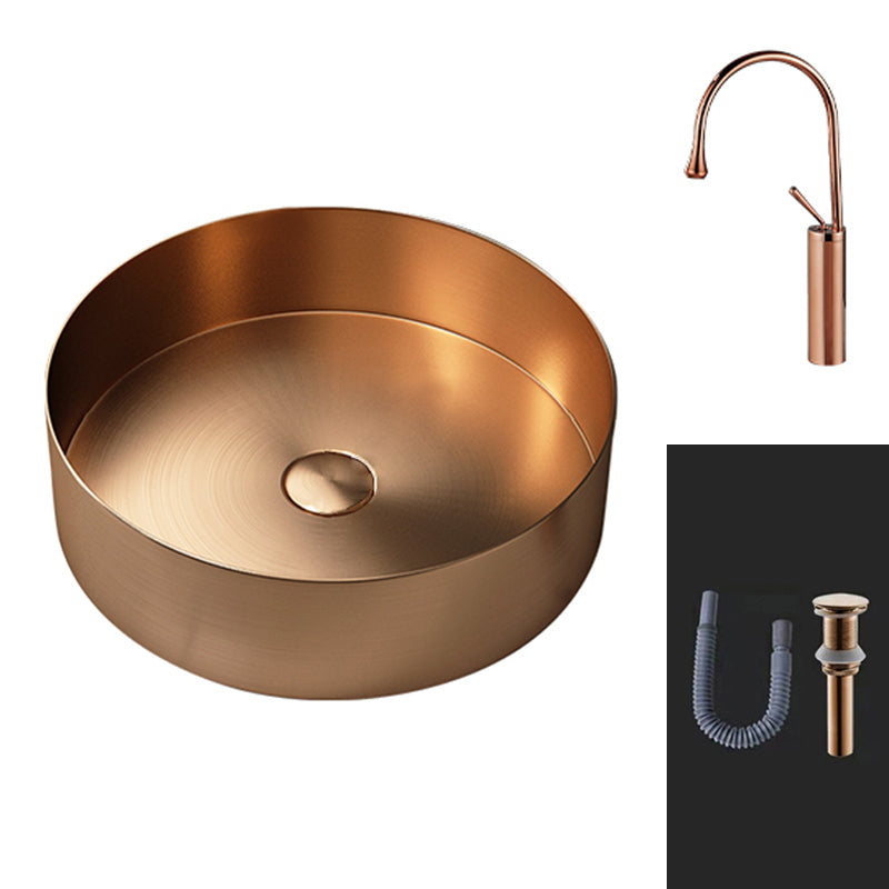 Round Vessel Bathroom Sink Modern Vessel Bathroom Sink with Faucet Rose Gold Gooseneck High Arc Sink with Faucet Clearhalo 'Bathroom Remodel & Bathroom Fixtures' 'Bathroom Sinks & Faucet Components' 'Bathroom Sinks' 'bathroom_sink' 'Home Improvement' 'home_improvement' 'home_improvement_bathroom_sink' 6457123