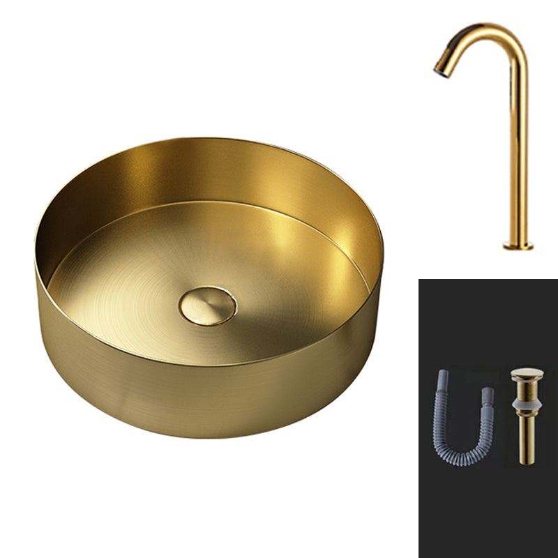 Round Vessel Bathroom Sink Modern Vessel Bathroom Sink with Faucet Gold Induction Faucet Sink with Faucet Clearhalo 'Bathroom Remodel & Bathroom Fixtures' 'Bathroom Sinks & Faucet Components' 'Bathroom Sinks' 'bathroom_sink' 'Home Improvement' 'home_improvement' 'home_improvement_bathroom_sink' 6457141