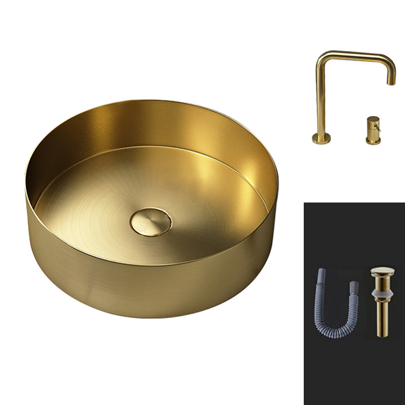 Round Vessel Bathroom Sink Modern Vessel Bathroom Sink with Faucet Gold Stainless Steel Elbow Faucet Sink with Faucet Clearhalo 'Bathroom Remodel & Bathroom Fixtures' 'Bathroom Sinks & Faucet Components' 'Bathroom Sinks' 'bathroom_sink' 'Home Improvement' 'home_improvement' 'home_improvement_bathroom_sink' 6457144