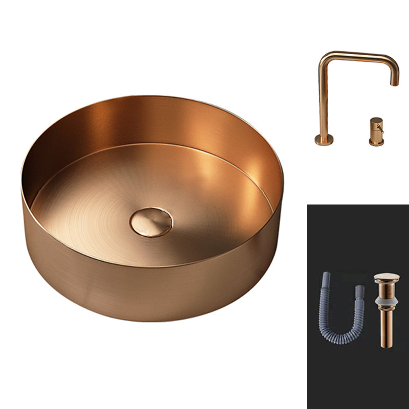 Round Vessel Bathroom Sink Modern Vessel Bathroom Sink with Faucet Rose Gold Stainless Steel Elbow Faucet Sink with Faucet Clearhalo 'Bathroom Remodel & Bathroom Fixtures' 'Bathroom Sinks & Faucet Components' 'Bathroom Sinks' 'bathroom_sink' 'Home Improvement' 'home_improvement' 'home_improvement_bathroom_sink' 6457145