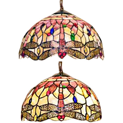 Dome Ceiling Lamp Tiffany Shell 3 Bulbs Pink Hanging Pendant Light with Dragonfly Pattern, 12"/16" Wide Clearhalo 'Ceiling Lights' 'Industrial' 'Middle Century Pendants' 'Pendant Lights' 'Pendants' 'Tiffany close to ceiling' 'Tiffany Pendants' 'Tiffany' Lighting' 64586