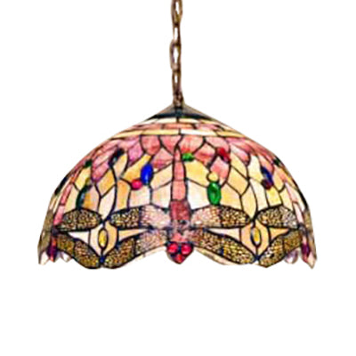 Dome Ceiling Lamp Tiffany Shell 3 Bulbs Pink Hanging Pendant Light with Dragonfly Pattern, 12"/16" Wide Clearhalo 'Ceiling Lights' 'Industrial' 'Middle Century Pendants' 'Pendant Lights' 'Pendants' 'Tiffany close to ceiling' 'Tiffany Pendants' 'Tiffany' Lighting' 64587