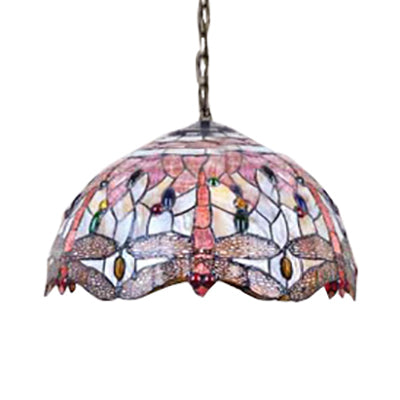 Dome Ceiling Lamp Tiffany Shell 3 Bulbs Pink Hanging Pendant Light with Dragonfly Pattern, 12"/16" Wide Clearhalo 'Ceiling Lights' 'Industrial' 'Middle Century Pendants' 'Pendant Lights' 'Pendants' 'Tiffany close to ceiling' 'Tiffany Pendants' 'Tiffany' Lighting' 64588