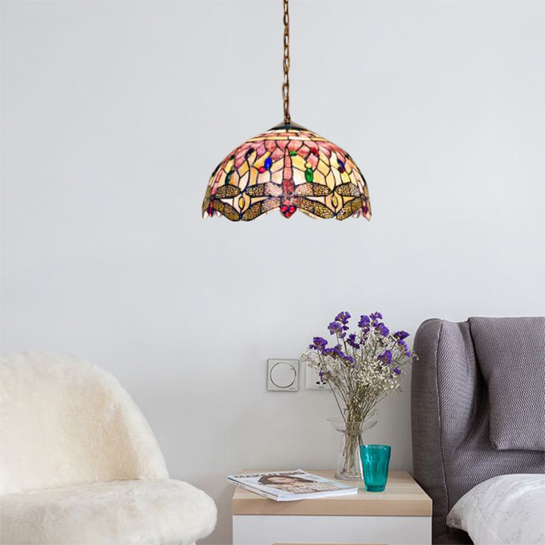 Dome Ceiling Lamp Tiffany Shell 3 Bulbs Pink Hanging Pendant Light with Dragonfly Pattern, 12"/16" Wide Pink 16" Clearhalo 'Ceiling Lights' 'Industrial' 'Middle Century Pendants' 'Pendant Lights' 'Pendants' 'Tiffany close to ceiling' 'Tiffany Pendants' 'Tiffany' Lighting' 64589
