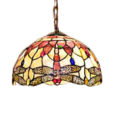 Dome Ceiling Lamp Tiffany Shell 3 Bulbs Pink Hanging Pendant Light with Dragonfly Pattern, 12"/16" Wide Pink 12" Clearhalo 'Ceiling Lights' 'Industrial' 'Middle Century Pendants' 'Pendant Lights' 'Pendants' 'Tiffany close to ceiling' 'Tiffany Pendants' 'Tiffany' Lighting' 64590