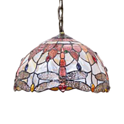 Dome Ceiling Lamp Tiffany Shell 3 Bulbs Pink Hanging Pendant Light with Dragonfly Pattern, 12"/16" Wide Clearhalo 'Ceiling Lights' 'Industrial' 'Middle Century Pendants' 'Pendant Lights' 'Pendants' 'Tiffany close to ceiling' 'Tiffany Pendants' 'Tiffany' Lighting' 64591