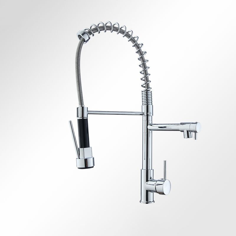 Farmhouse Bar Faucet Brass Lever Handles Spring Spout Swivel Spout Pre-Rinse Faucet Chrome Clearhalo 'Home Improvement' 'home_improvement' 'home_improvement_kitchen_faucets' 'Kitchen Faucets' 'Kitchen Remodel & Kitchen Fixtures' 'Kitchen Sinks & Faucet Components' 'kitchen_faucets' 6467054