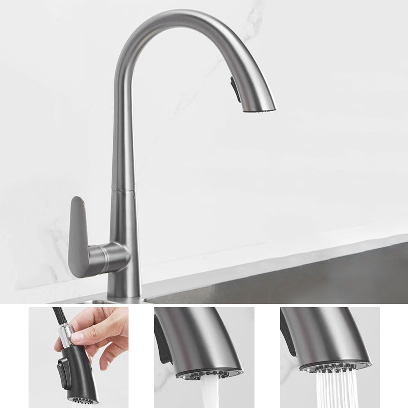 Modern Style Kitchen Faucet Copper 1-Handle High Arc Retractable Kitchen Faucet Copper Silver Gray Clearhalo 'Home Improvement' 'home_improvement' 'home_improvement_kitchen_faucets' 'Kitchen Faucets' 'Kitchen Remodel & Kitchen Fixtures' 'Kitchen Sinks & Faucet Components' 'kitchen_faucets' 6467109