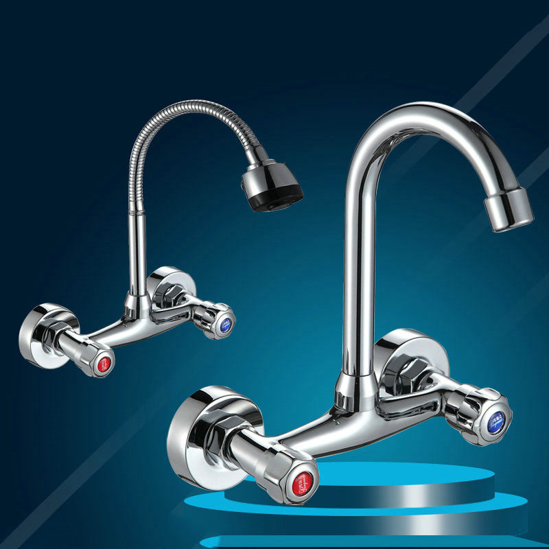 Contemporary 2-Handle Kitchen Faucet Wall-mounted Faucet in Chrome Clearhalo 'Home Improvement' 'home_improvement' 'home_improvement_kitchen_faucets' 'Kitchen Faucets' 'Kitchen Remodel & Kitchen Fixtures' 'Kitchen Sinks & Faucet Components' 'kitchen_faucets' 6467128