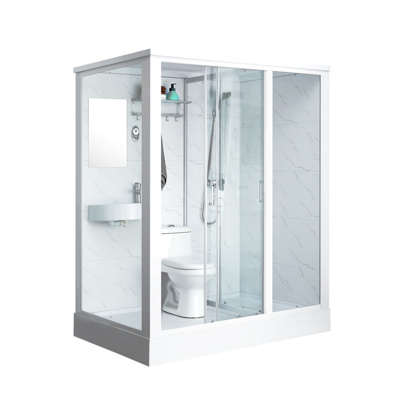 Linear Sliding Shower Enclosure Metal Framed Shower Enclosure with Tempered Glass White 75"L x 47"W x 85"H Front Door Opening Clearhalo 'Bathroom Remodel & Bathroom Fixtures' 'Home Improvement' 'home_improvement' 'home_improvement_shower_stalls_enclosures' 'Shower Stalls & Enclosures' 'shower_stalls_enclosures' 'Showers & Bathtubs' 6467543