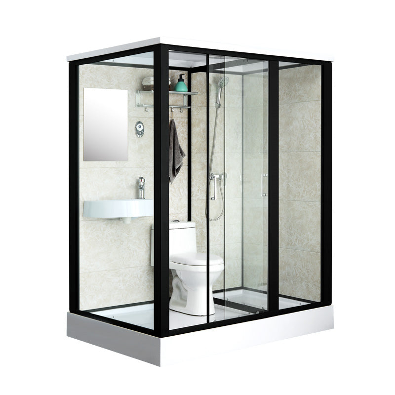 Linear Sliding Shower Enclosure Metal Framed Shower Enclosure with Tempered Glass Black 75"L x 47"W x 85"H Front Door Opening Clearhalo 'Bathroom Remodel & Bathroom Fixtures' 'Home Improvement' 'home_improvement' 'home_improvement_shower_stalls_enclosures' 'Shower Stalls & Enclosures' 'shower_stalls_enclosures' 'Showers & Bathtubs' 6467548