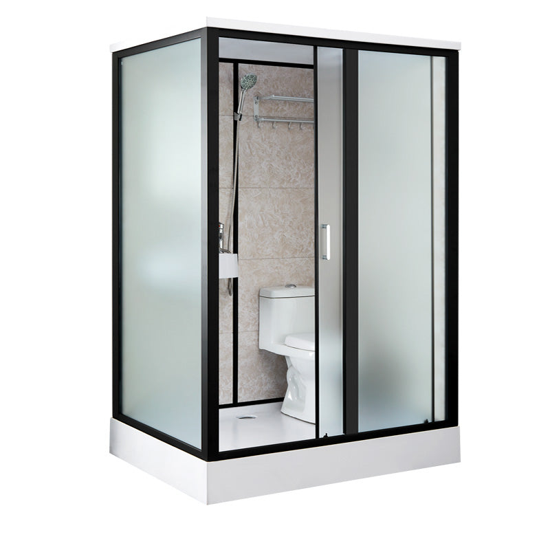 Linear Sliding Shower Enclosure Metal Framed Shower Enclosure with Tempered Glass Black 55"L x 43"W x 85"H Front Door Opening Clearhalo 'Bathroom Remodel & Bathroom Fixtures' 'Home Improvement' 'home_improvement' 'home_improvement_shower_stalls_enclosures' 'Shower Stalls & Enclosures' 'shower_stalls_enclosures' 'Showers & Bathtubs' 6467550