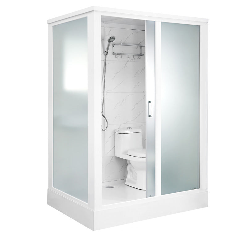 Linear Sliding Shower Enclosure Metal Framed Shower Enclosure with Tempered Glass White 55"L x 43"W x 85"H Front Door Opening Clearhalo 'Bathroom Remodel & Bathroom Fixtures' 'Home Improvement' 'home_improvement' 'home_improvement_shower_stalls_enclosures' 'Shower Stalls & Enclosures' 'shower_stalls_enclosures' 'Showers & Bathtubs' 6467551
