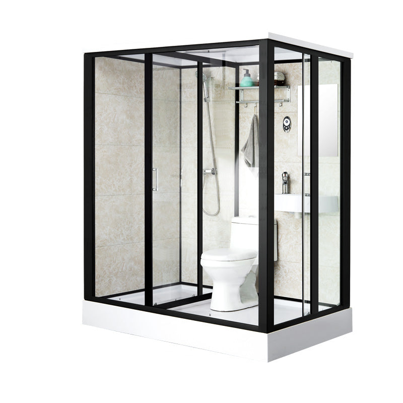 Linear Sliding Shower Enclosure Metal Framed Shower Enclosure with Tempered Glass Black 75"L x 47"W x 85"H Side Door Opening Clearhalo 'Bathroom Remodel & Bathroom Fixtures' 'Home Improvement' 'home_improvement' 'home_improvement_shower_stalls_enclosures' 'Shower Stalls & Enclosures' 'shower_stalls_enclosures' 'Showers & Bathtubs' 6467554