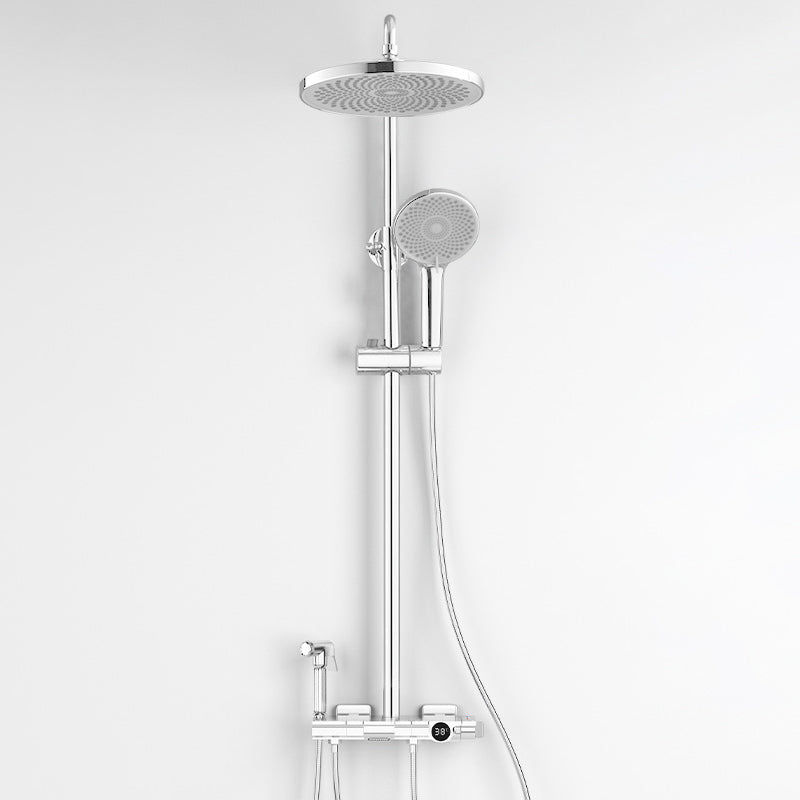 Contemporary Round and Square Shower System Wall Mounted Shower Set Chrome Round Thermostatic Clearhalo 'Bathroom Remodel & Bathroom Fixtures' 'Home Improvement' 'home_improvement' 'home_improvement_shower_faucets' 'Shower Faucets & Systems' 'shower_faucets' 'Showers & Bathtubs Plumbing' 'Showers & Bathtubs' 6467709