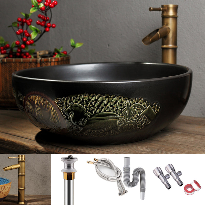 Porcelain Trough Bathroom Sink Traditional Trough Bathroom Sink Black Sink with Faucet Clearhalo 'Bathroom Remodel & Bathroom Fixtures' 'Bathroom Sinks & Faucet Components' 'Bathroom Sinks' 'bathroom_sink' 'Home Improvement' 'home_improvement' 'home_improvement_bathroom_sink' 6467759