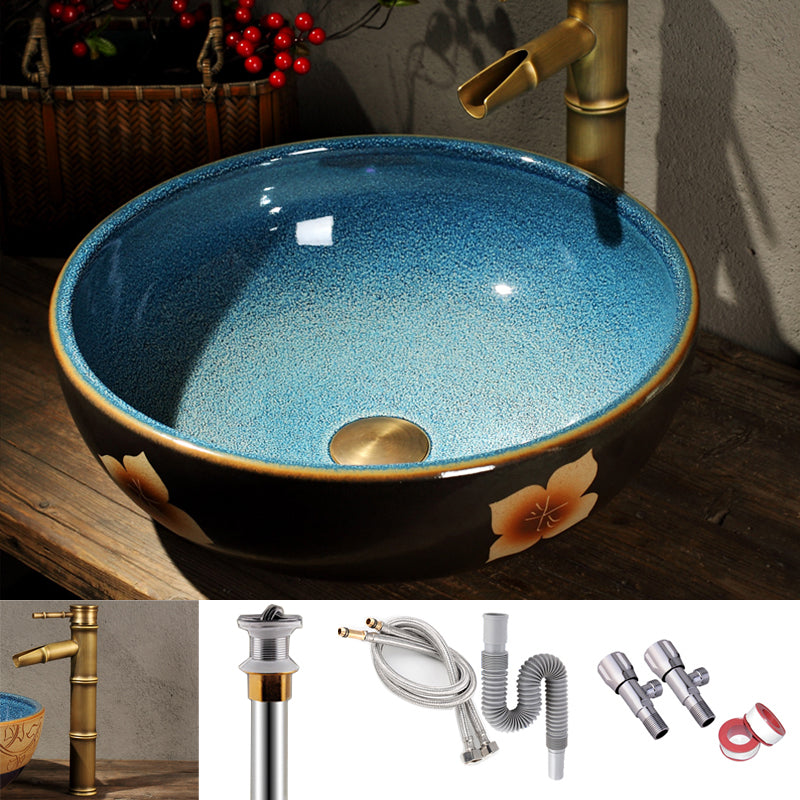 Porcelain Trough Bathroom Sink Traditional Trough Bathroom Sink Blue Sink with Faucet Clearhalo 'Bathroom Remodel & Bathroom Fixtures' 'Bathroom Sinks & Faucet Components' 'Bathroom Sinks' 'bathroom_sink' 'Home Improvement' 'home_improvement' 'home_improvement_bathroom_sink' 6467764