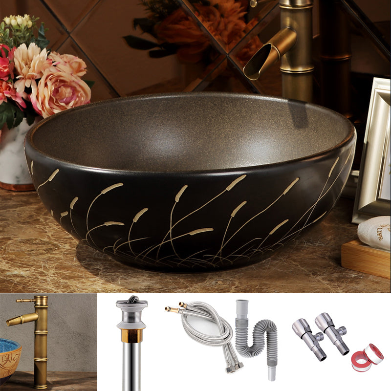 Porcelain Trough Bathroom Sink Traditional Trough Bathroom Sink Yellow Brown Sink with Faucet Clearhalo 'Bathroom Remodel & Bathroom Fixtures' 'Bathroom Sinks & Faucet Components' 'Bathroom Sinks' 'bathroom_sink' 'Home Improvement' 'home_improvement' 'home_improvement_bathroom_sink' 6467773