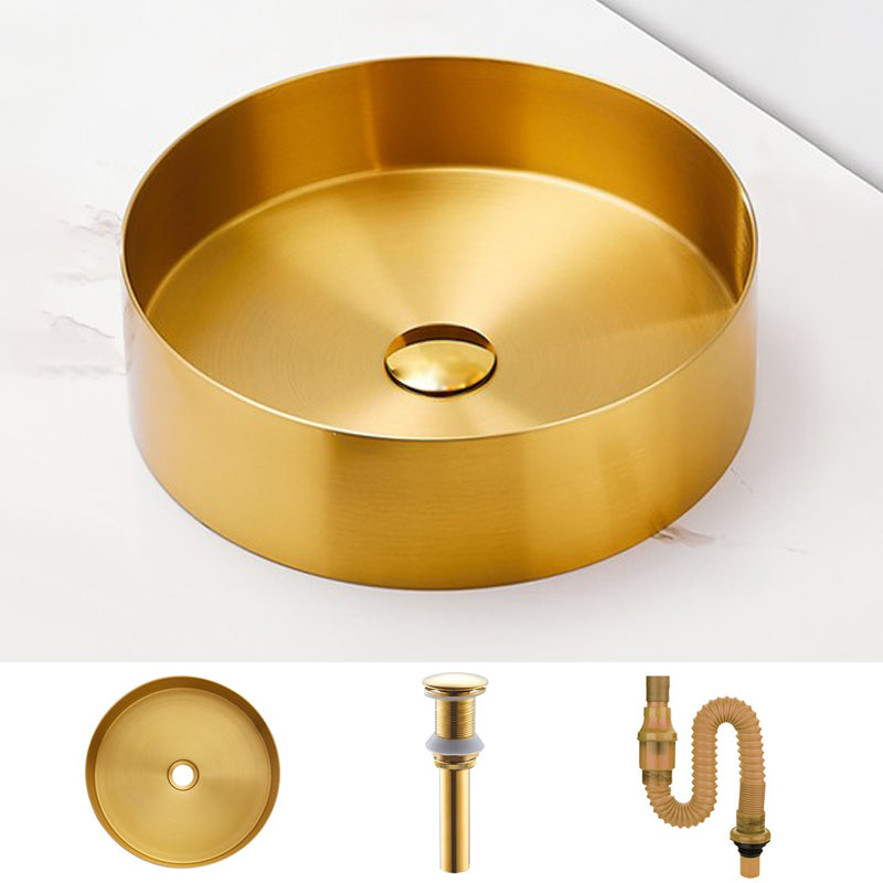 Modern Basin Sink Metal Round with Pop-Up Drain and Faucet Vessel Bathroom Sink Gold None Sink Clearhalo 'Bathroom Remodel & Bathroom Fixtures' 'Bathroom Sinks & Faucet Components' 'Bathroom Sinks' 'bathroom_sink' 'Home Improvement' 'home_improvement' 'home_improvement_bathroom_sink' 6467826